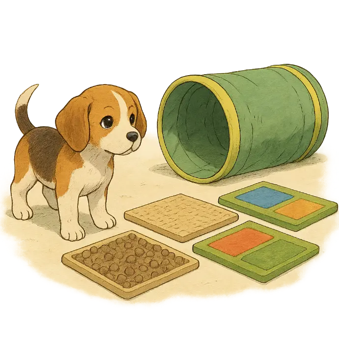 Chiot devant des agrés école du chiot